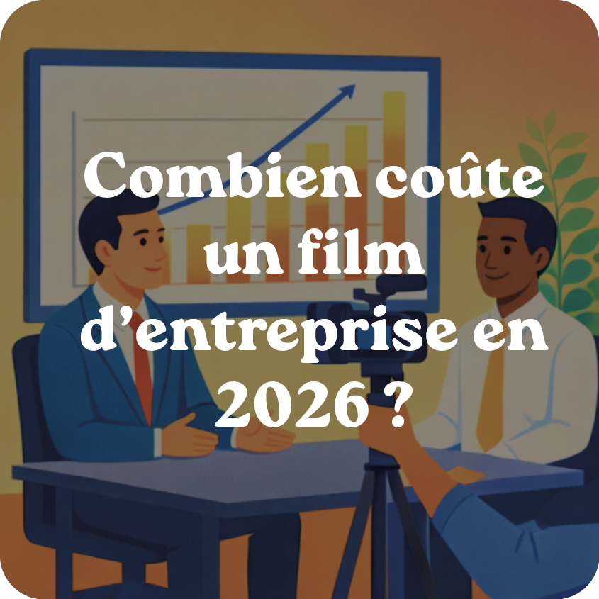 Illustration d’une interview en entreprise avec un graphique de croissance en arrière-plan, représentant le budget et le coût d’un film d’entreprise